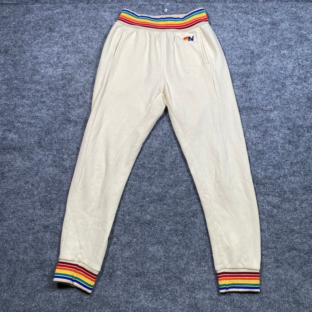 Aviator Nation Mens Rainbow Striped Sweatpants Cream Joggers Size S Made in USA